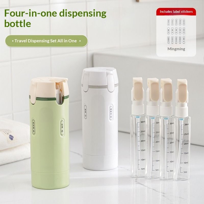 QuadPod pods and four 30 ml bottles on a bathroom counter
